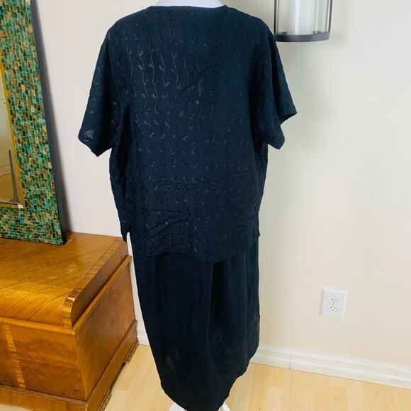 Vintage Size XL Linen Rayon 2-Piece Lagenlook Artsy Black Embroidered Dress Set - Picture 9 of 10